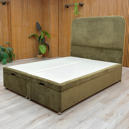 ‘Hamilton’ Milan Khaki Velvet Floor Standing Headboard + End Lift Ottoman Divan Base - Double