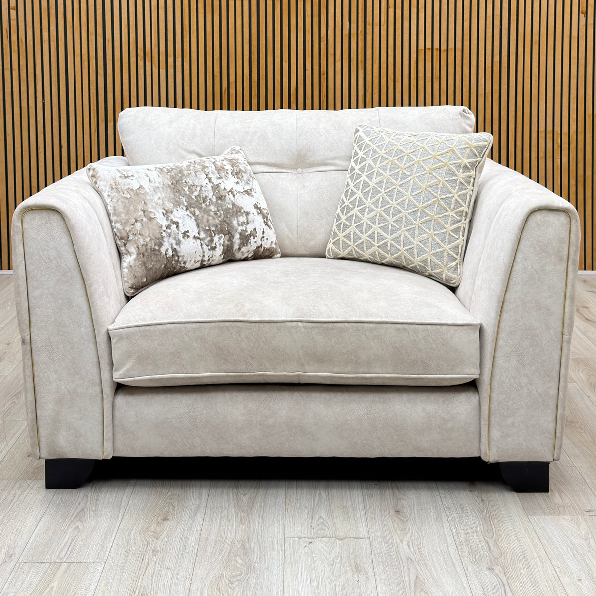 ‘Mariah’ Dapple Ivory-Tri Brass Insert Velvet Fabric Classic Back Snuggler Chair