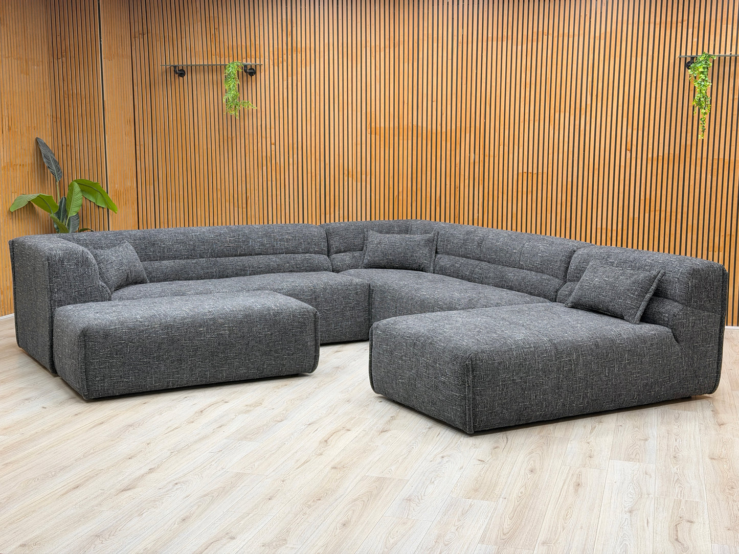 ‘Piero’ Odyssey Vortex Charcoal Grey Fabric 2 Corner 2 Open End Chaise Sofa + Large Footstool