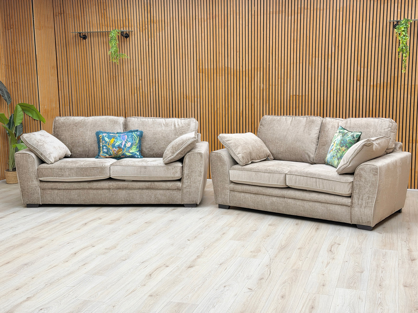 ‘Chalfont’ Adele Biscuit Brown Linen Fabric 3 + 2 Seater Sofa Set