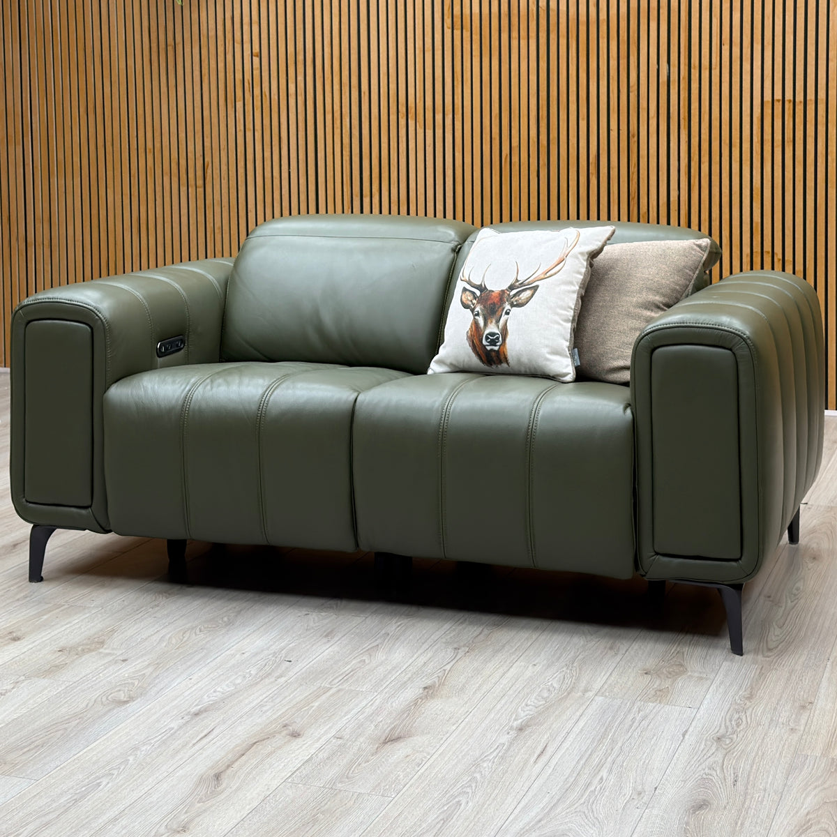 'Elphaba' Oslo Pine Green Leather 2 Seater Power Recliner Sofa with Storage Arms