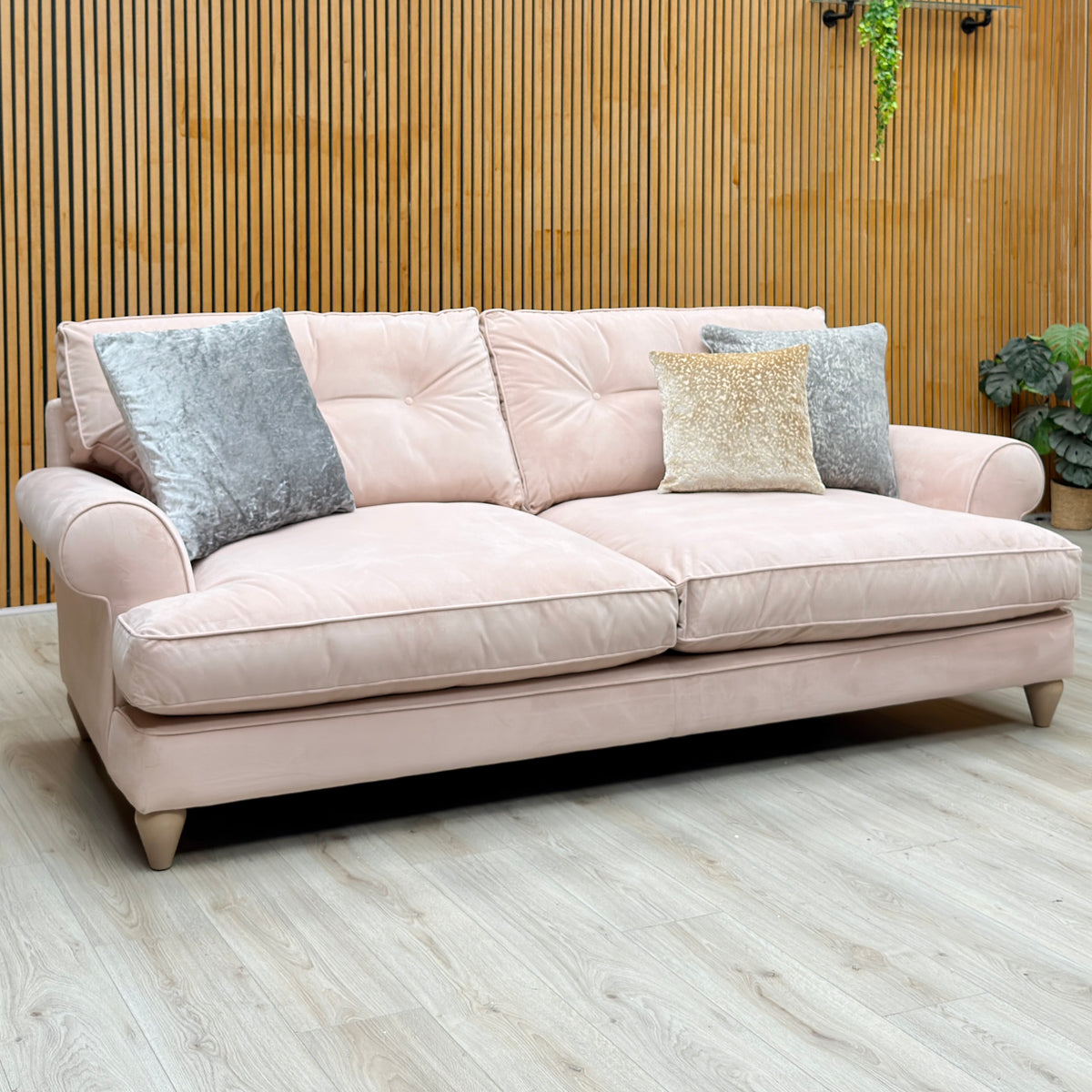The Lounge Co. Bronwyn Cotton Candy Pink Velvet 4 Seater Classic Back Sofa – view 3