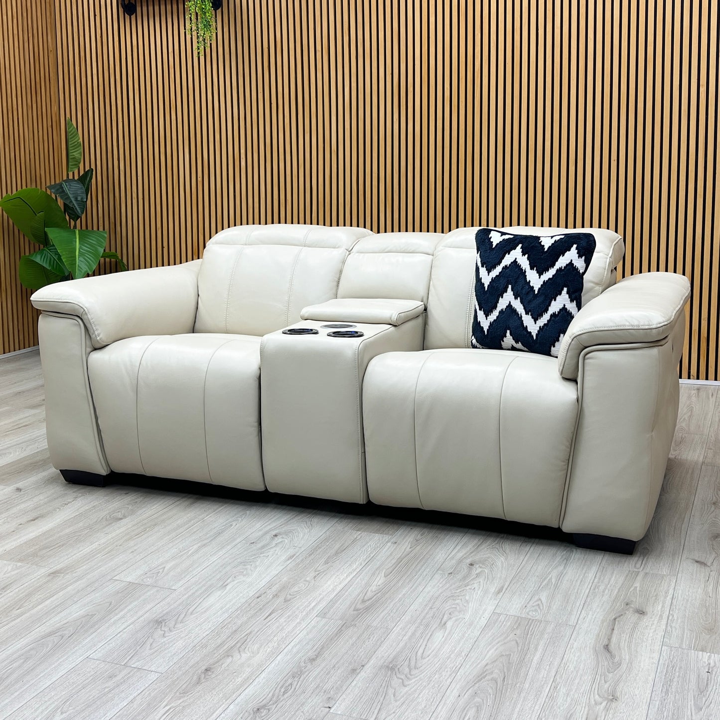 ‘Inca’ Cat-60_05 Bone China Cream Leather 2 Seater Power Recliner Sofa with Pop Up Light Console and Power Headrests