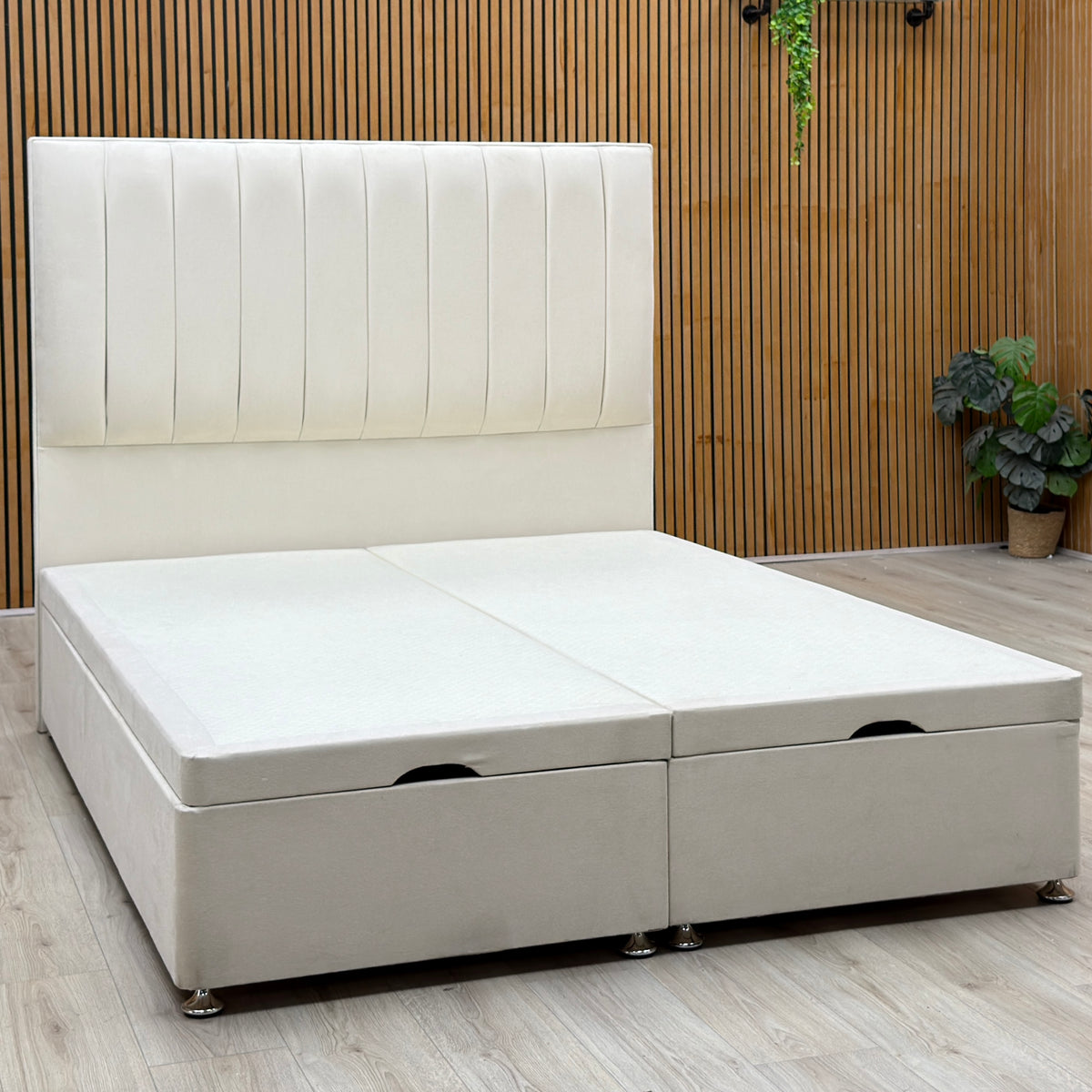 Artisan Collection Elyse Venice Cream Velvet Fabric High Floor Standing Headboard + Double End Lift Ottoman Base - King – view 3