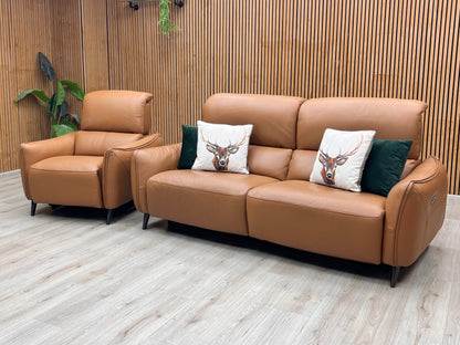 ‘Maddox’ Nn-575e Caramel Brown Leather 3 Seater Power Recliner Sofa with Power Headrests + Power Chair