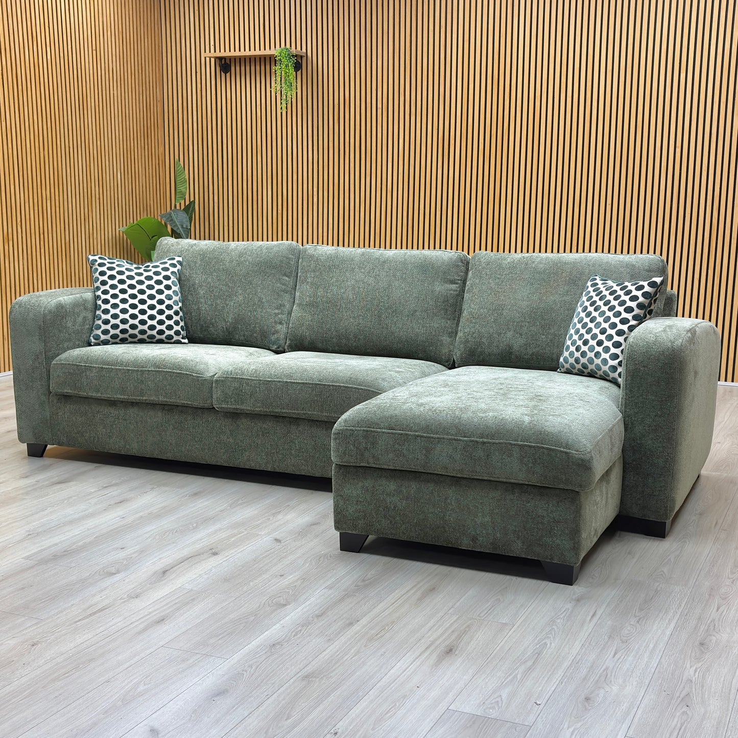‘Layla’ Forest Green Woven Fabric Left Hand Facing Full Storage Chaise End 3 Seater Sofa
