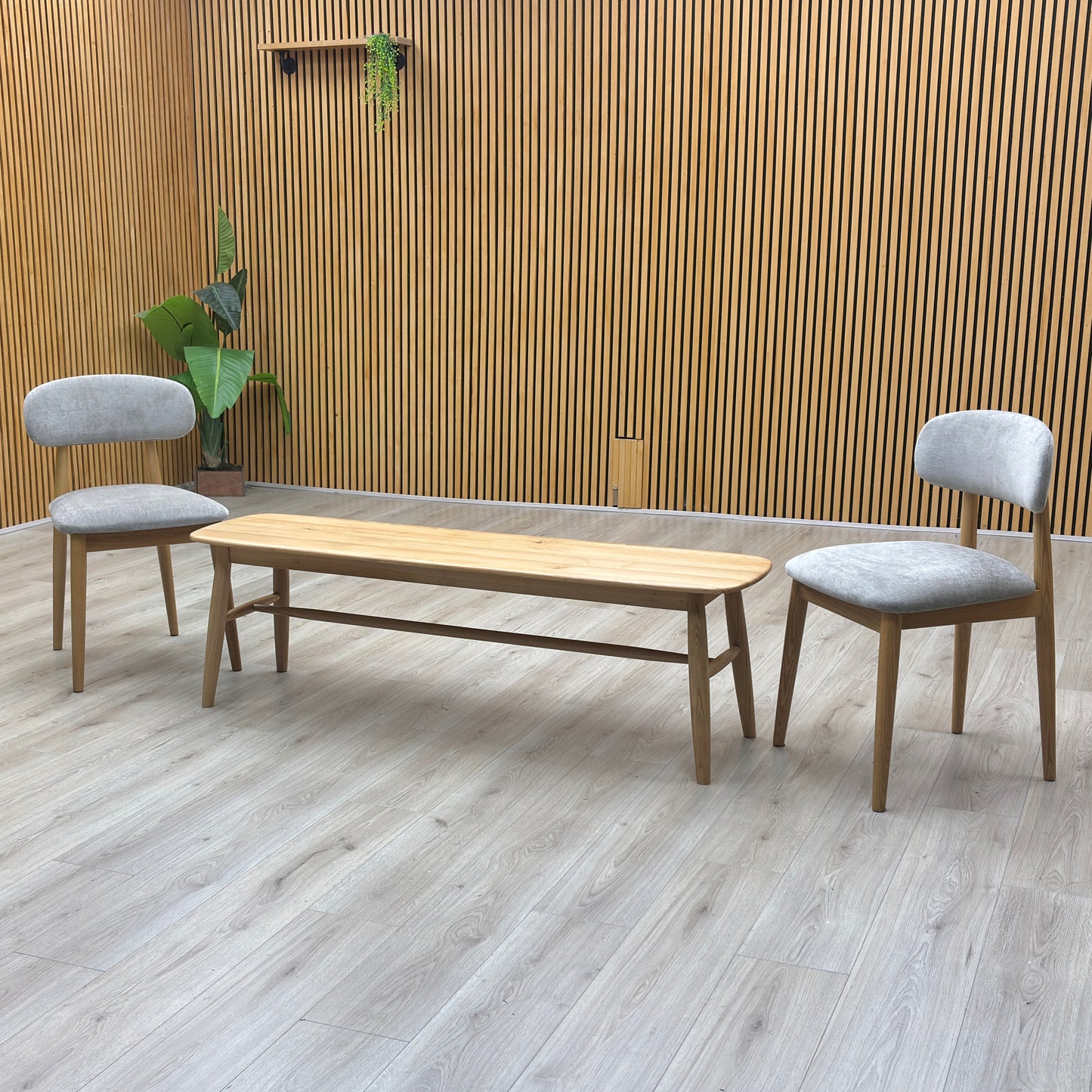 ‘Stockholm' Light Oak Solid Oak 150cm Dining Bench + 2 Dining Chairs