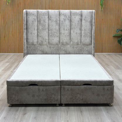 Artisan Collection ‘Ryo’ Daytona Stone Grey Velvet Fabric High Floor Standing Headboard + Double End Lift Ottoman Divan Base - Double