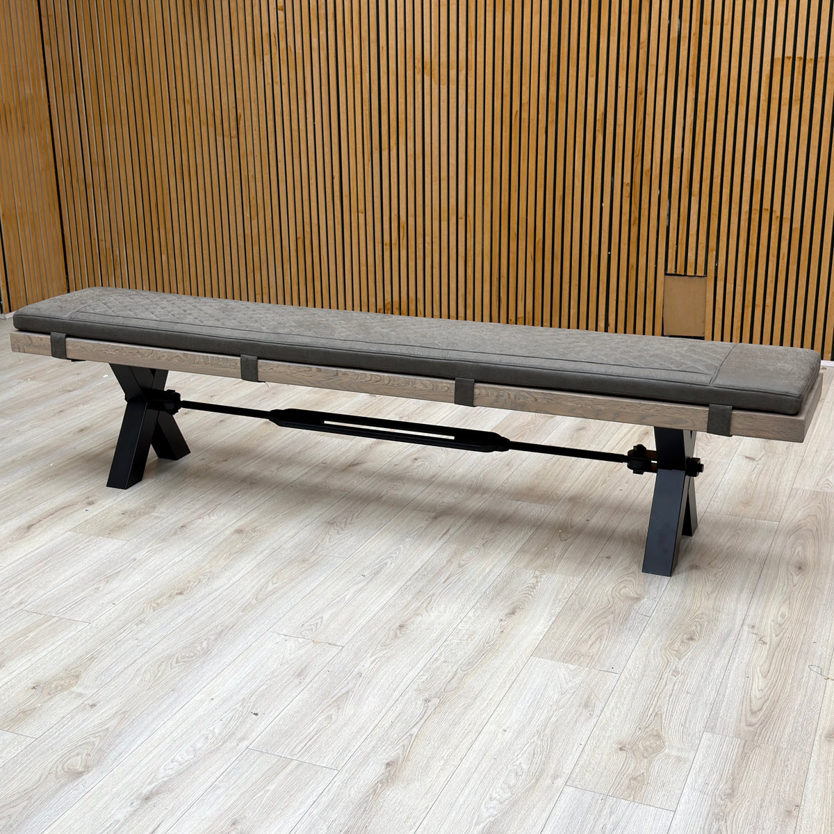 Bodahl Njord 8 Vintage Grey Solid Oak 220cm Dining Bench with Metal X Shaped Legs + Steel Grey Bench Pad – view 3