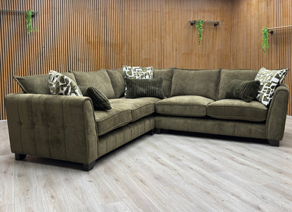 ‘Serena’ Derwent Olive Green Linen Fabric Formal Back 2 Corner 2 Sofa