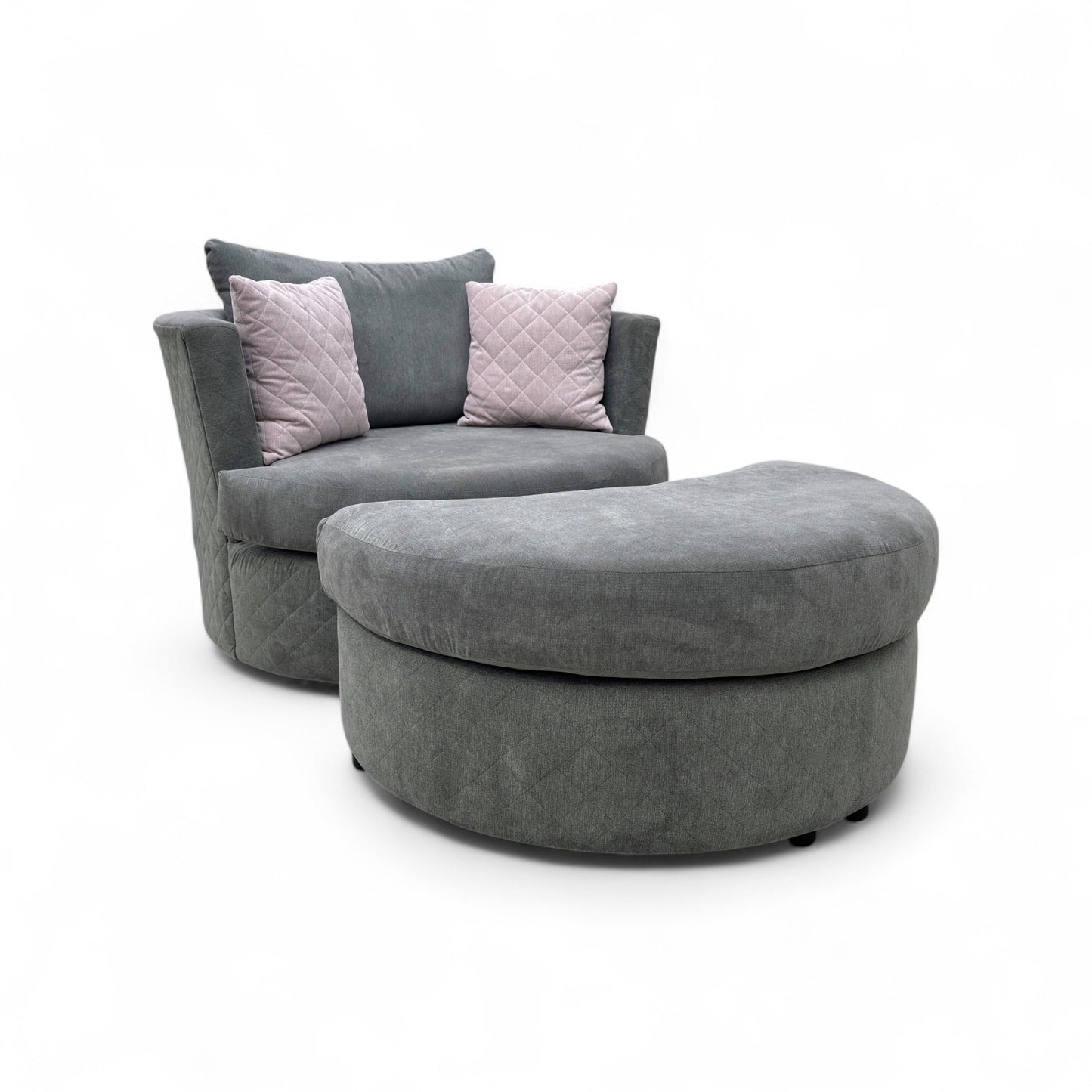 ‘Molly’ Pewter Fabric Swivel Chair + Half Moon Stool