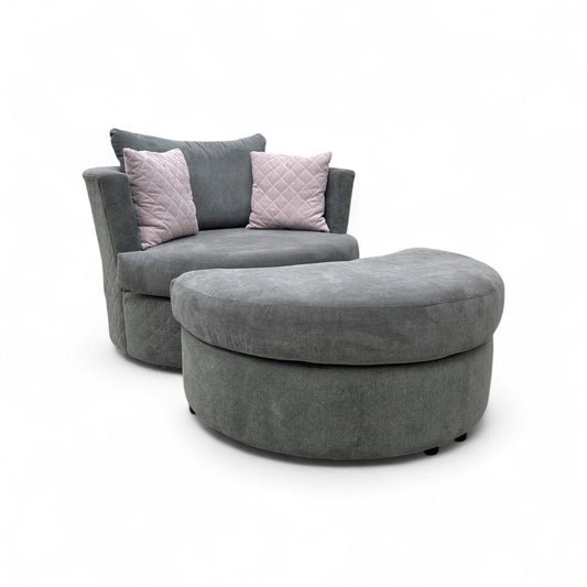 ‘Molly’ Pewter Fabric Swivel Chair + Half Moon Stool