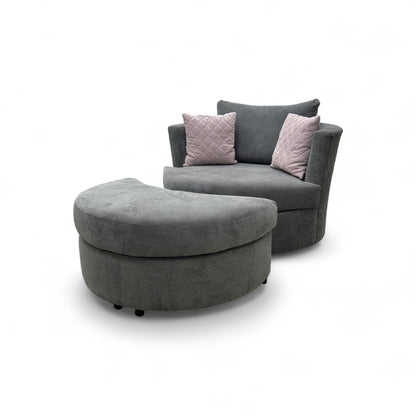 ‘Molly’ Pewter Fabric Swivel Chair + Half Moon Stool