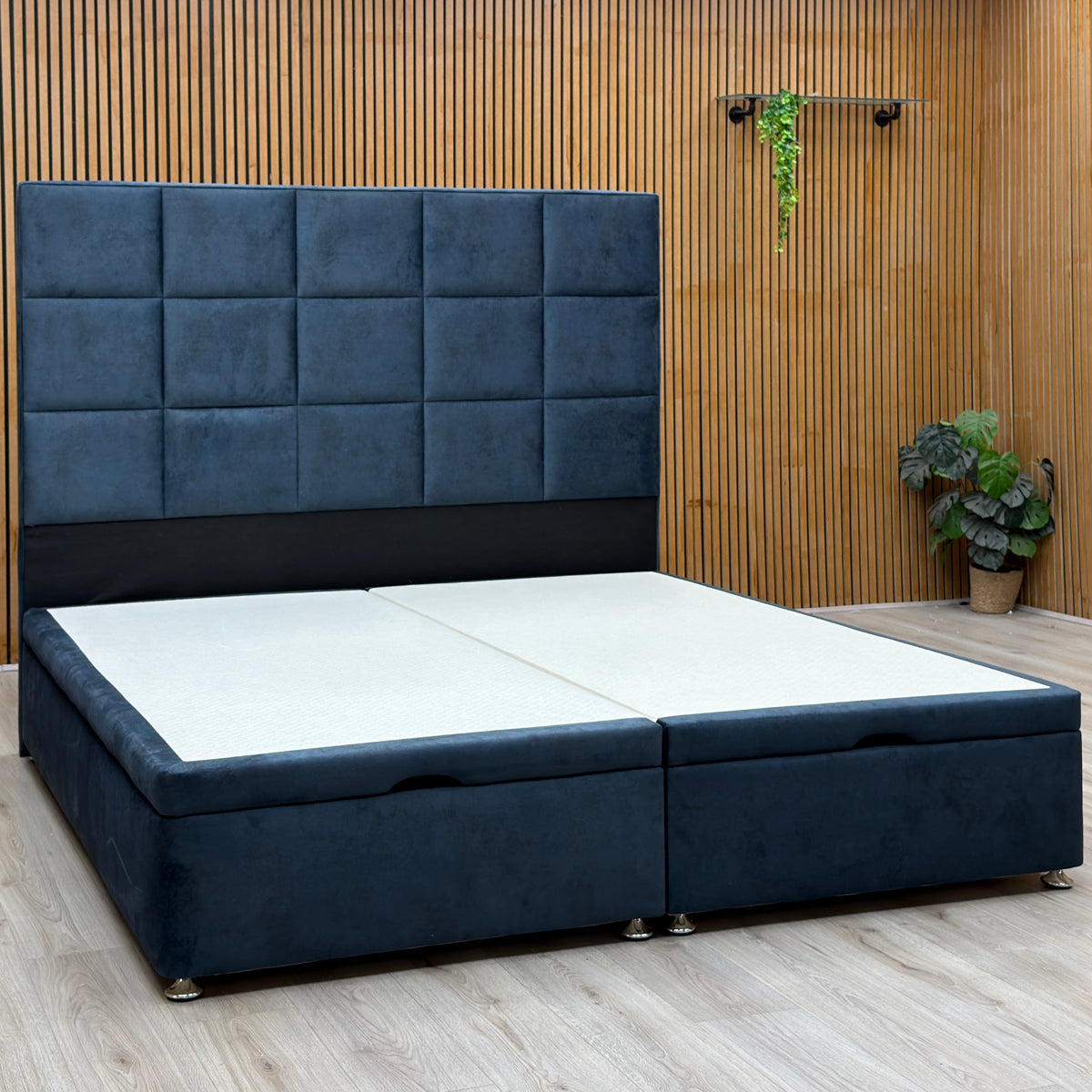 Artisan Collection ‘Elwood’ Daytona Ocean Blue Fabric High Floor Standing Headboard + Double End Lift Ottoman Base - Super King