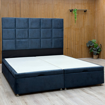 Artisan Collection ‘Elwood’ Daytona Ocean Blue Fabric High Floor Standing Headboard + Double End Lift Ottoman Base - Super King