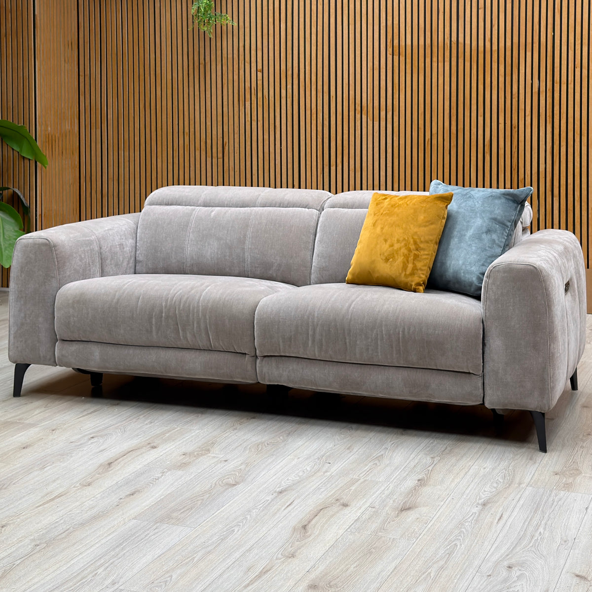 ‘Ezra’ Manhattan Nutmeg Linen Fabric 3 Seater Power Recliner Sofa with Power Headrests