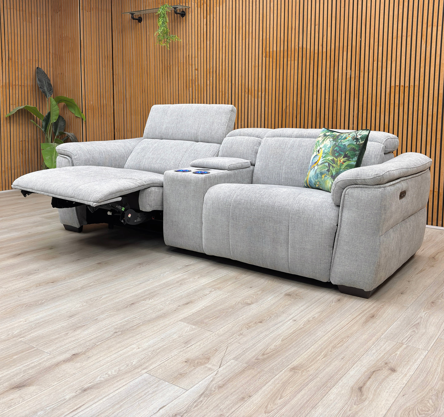 ‘Inca’ Anivia Light Grey Woven Fabric 3 Seater Power Recliner Sofa with Pop Up Light Console and Power Headrests