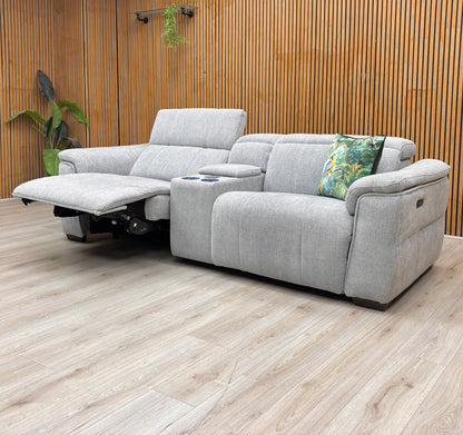 ‘Inca’ Anivia Light Grey Woven Fabric 3 Seater Power Recliner Sofa with Pop Up Light Console and Power Headrests