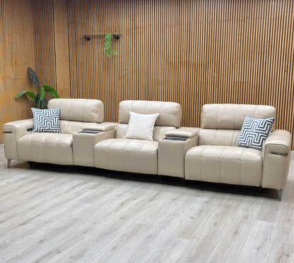 World of Leather ‘Homestage’ Nc-039c Pebble Cream Leather 4 Seater Power Recliner Sofa with Power Headrests + Media Consoles