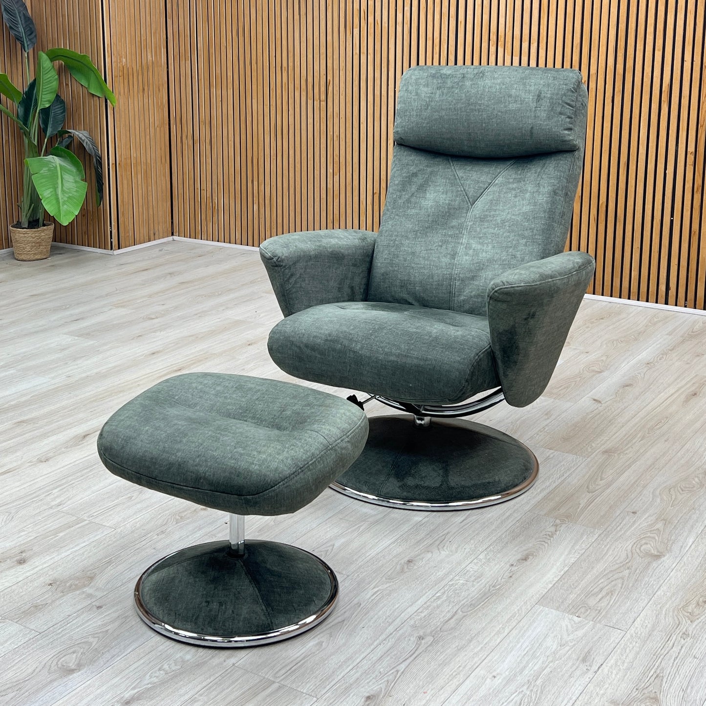 ‘Nice’ Moss Green Fabric Swivel Recliner Chair and Footstool
