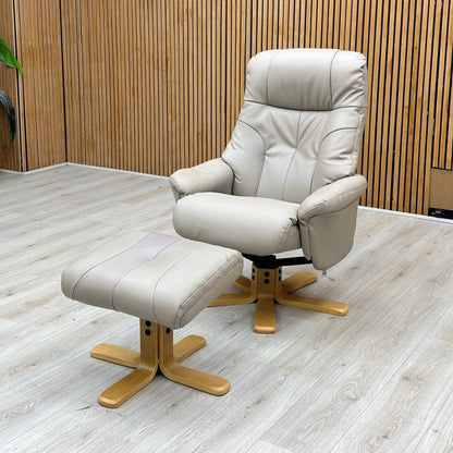 ‘Bruges’ Pebble Cream Faux Leather Swivel Recliner Chair and Footstool