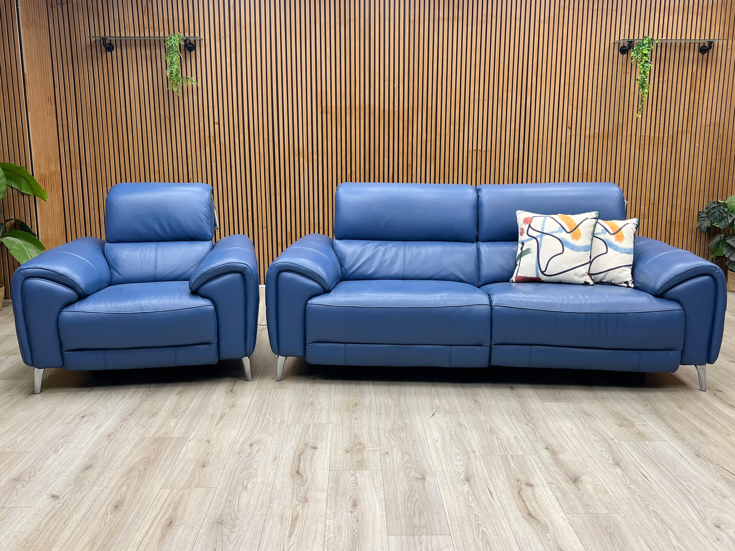 ‘Vino’ Cat-40_12 Aegean Blue Leather 3 Seater Power Recliner Sofa with Power Headrests and Heated Seats + Power Chair