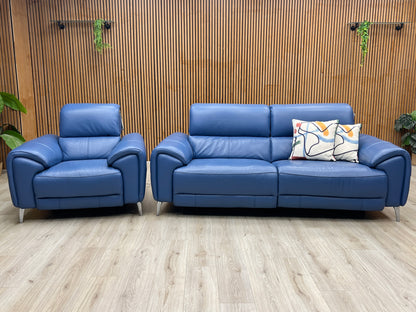 ‘Vino’ Cat-40_12 Aegean Blue Leather 3 Seater Power Recliner Sofa with Power Headrests and Heated Seats + Power Chair