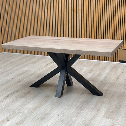 Bodahl 'Njord' 8 Vintage Grey Solid Oak Straight Edge 160cm Metal Star Base Dining Table with Sand Beige Fabric Set of 4 Swivel Dining Chairs
