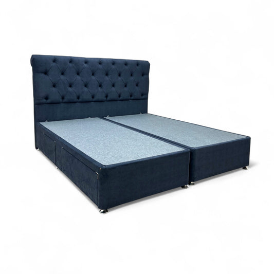 ‘Harrison’ Navy Blue Fabric 4 Draw Divan Base with Floor Standing Headboard - Super King