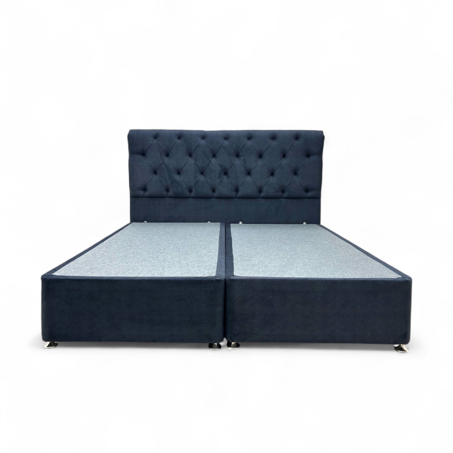 ‘Harrison’ Navy Blue Fabric 4 Draw Divan Base with Floor Standing Headboard - Super King