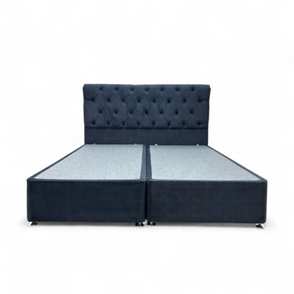 ‘Harrison’ Navy Blue Fabric 4 Draw Divan Base with Floor Standing Headboard - Super King