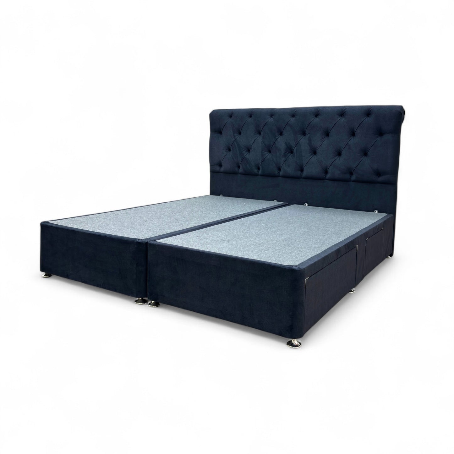 ‘Harrison’ Navy Blue Fabric 4 Draw Divan Base with Floor Standing Headboard - Super King
