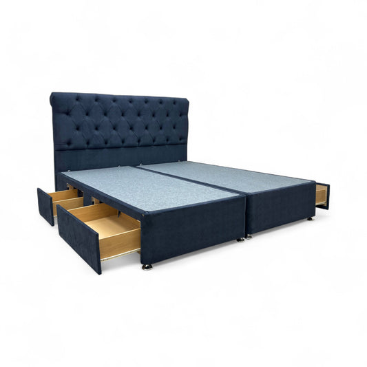 ‘Harrison’ Navy Blue Fabric 4 Draw Divan Base with Floor Standing Headboard - Super King