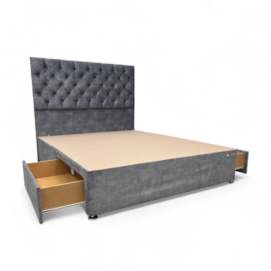 ‘Reggis’ Marble Grey Velvet 2 Draw Divan Base with Floor Standing Headboard - King
