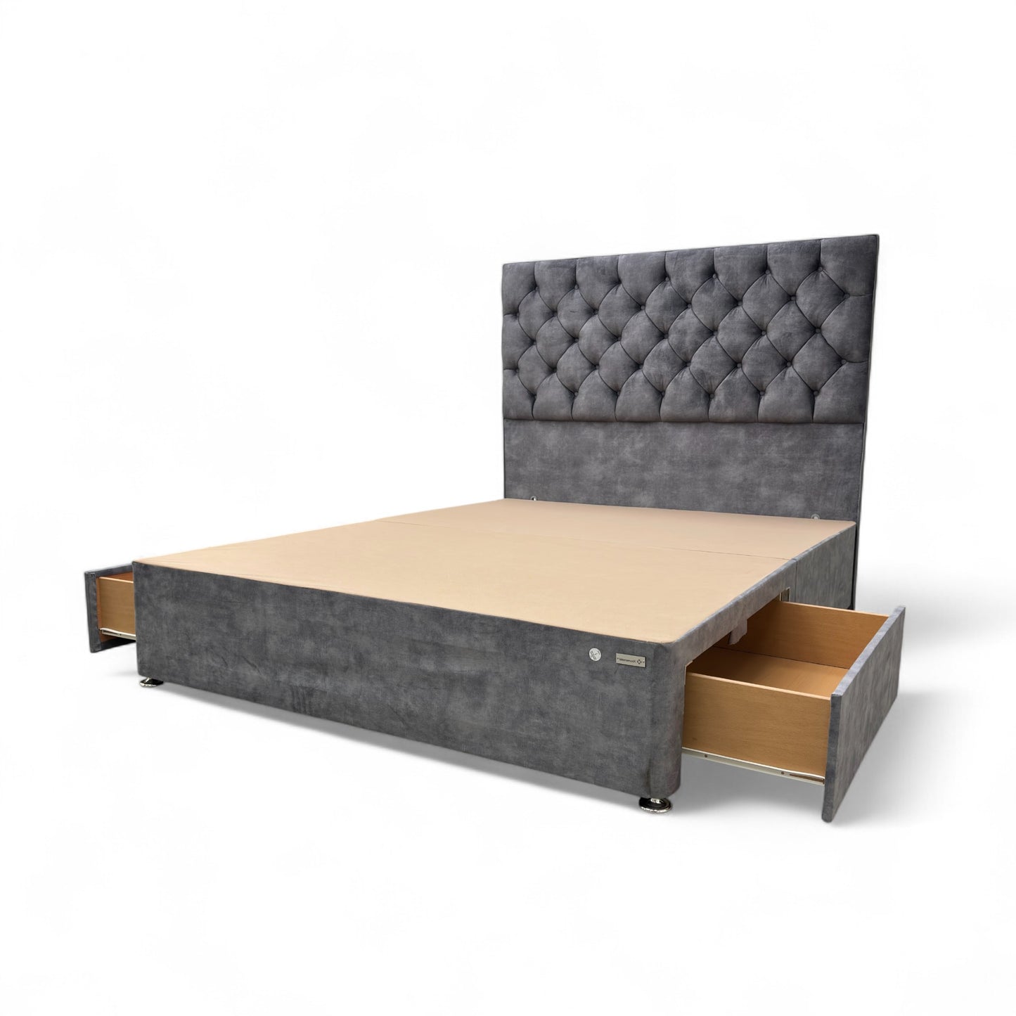 ‘Reggis’ Marble Grey Velvet 2 Draw Divan Base with Floor Standing Headboard - King