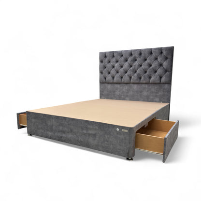 ‘Reggis’ Marble Grey Velvet 2 Draw Divan Base with Floor Standing Headboard - King