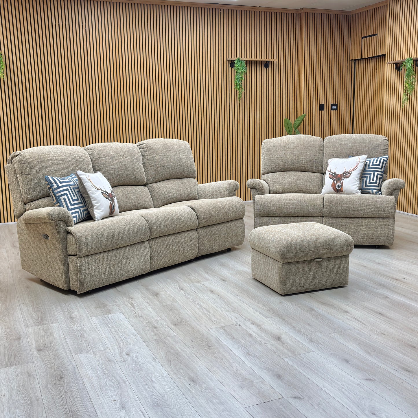 Sherborne ‘Nevada’ Beige Fabric 3 + 2 Seater Power Recliner Sofa Set + Storage Footstool