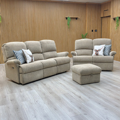 Sherborne ‘Nevada’ Beige Fabric 3 + 2 Seater Power Recliner Sofa Set + Storage Footstool