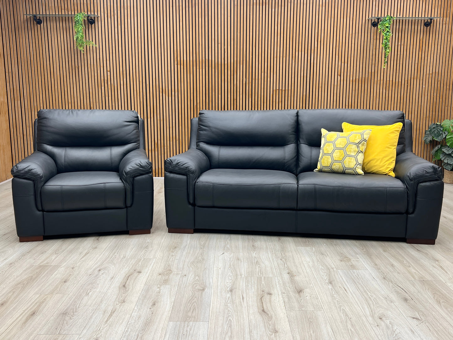 ‘Prenton’ Black Leather 3 Seater Sofa + Armchair Set