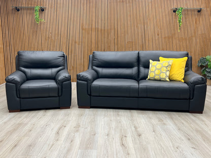 ‘Prenton’ Black Leather 3 Seater Sofa + Armchair Set