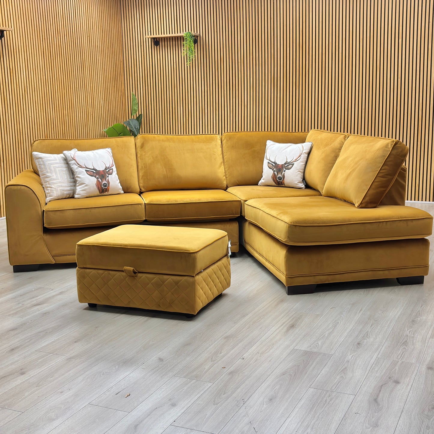 ‘Orka’ Mustard Yellow Sensual Velvet Left Hand Facing Arm Open End Deluxe Corner Sofa Bed + Large Storage Footstool