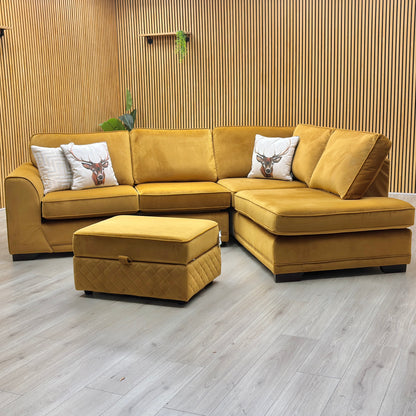 ‘Orka’ Mustard Yellow Sensual Velvet Left Hand Facing Arm Open End Deluxe Corner Sofa Bed + Large Storage Footstool