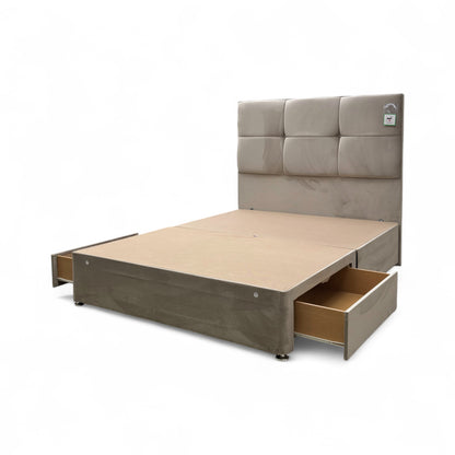 ‘Henry’ Stone Velvet 2 Draw Divan Base with Floor Standing Headboard - King