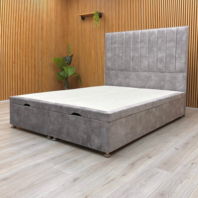 'Pluto' Lace Dolphin Velvet Floor Standing Headboard + End Lift Ottoman Divan Base - King
