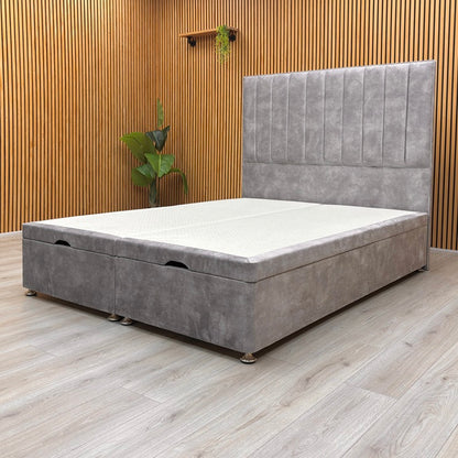 'Pluto' Lace Dolphin Velvet Floor Standing Headboard + End Lift Ottoman Divan Base - King