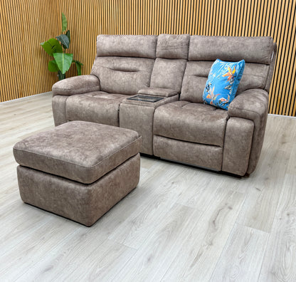 'Cinemax' Marble Classic Brown Velvet Fabric 2 Seater Media Power Recliner Sofa + Power Recliner Media Chair with Power Headrests + Storage Footstool Sofa Set