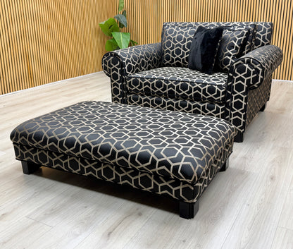 Duresta ‘Ambassador’ Fitzgerald Blk Gld Sp Eby Ft Patterned Fabric Classic Back Reading Chair + Footstool