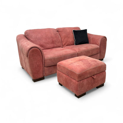 ‘Galleria’ Salmon Pink Leather 3 Seater Sofa + Small Storage Footstool