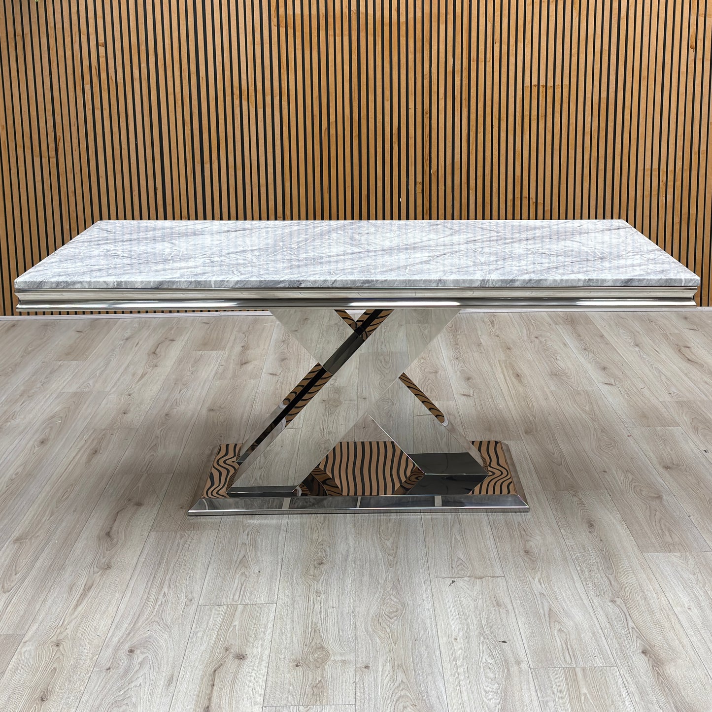 ‘Dolce’ Real Marble Large 180cm Fixed Dining Table with Silver Velvet Fabric Dining Chairs Set of 4