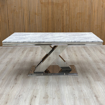 ‘Dolce’ Real Marble Large 180cm Fixed Dining Table with Silver Velvet Fabric Dining Chairs Set of 4